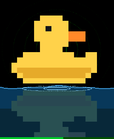 Pixel-art rubber duck on dark water, ringed by Bluetooth ripples
